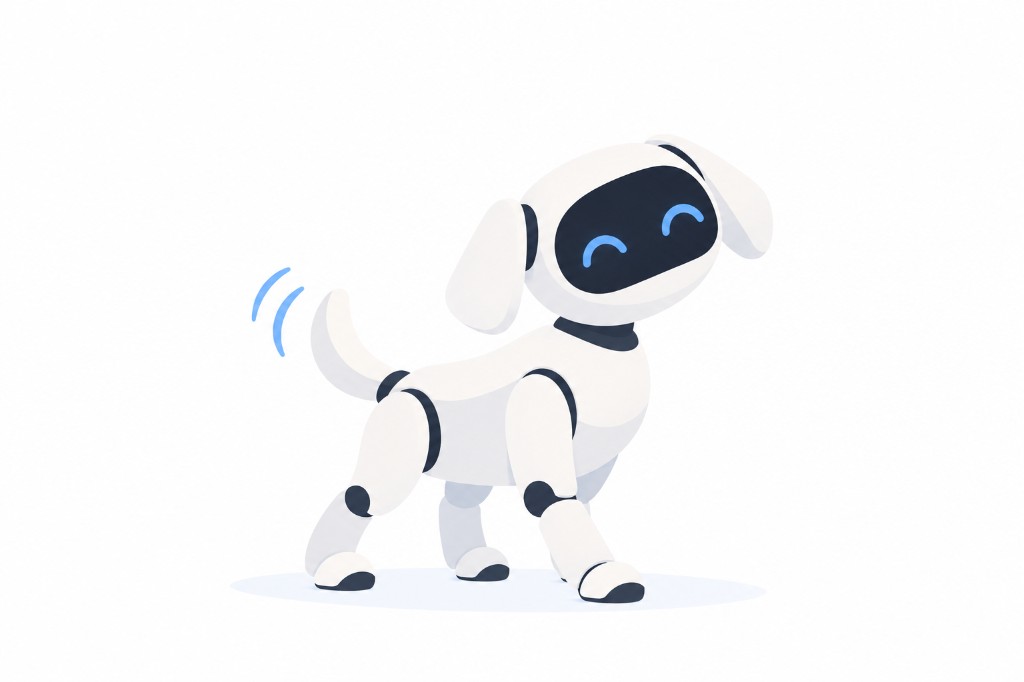 A small white robot dog with a wagging tail.