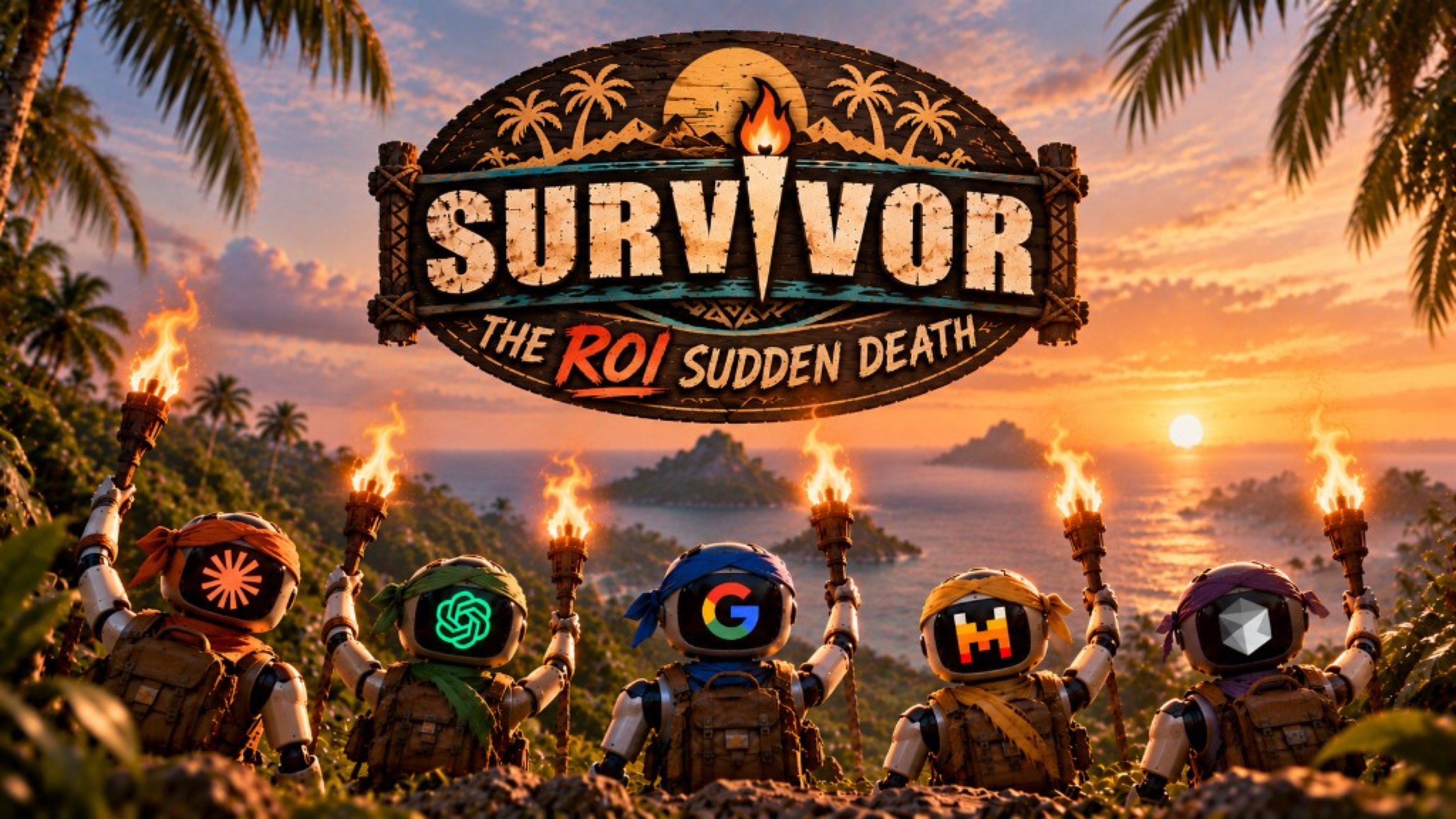 Five robot contestants with torches at sunset, under a sign for the ROI Sudden Death games.